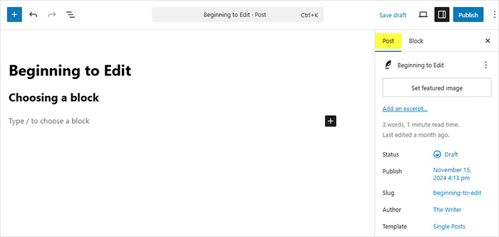 WordPress block editor settings sidebar showing post or page settings