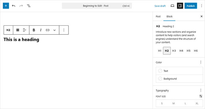WordPress block editor settings sidebar showing block settings